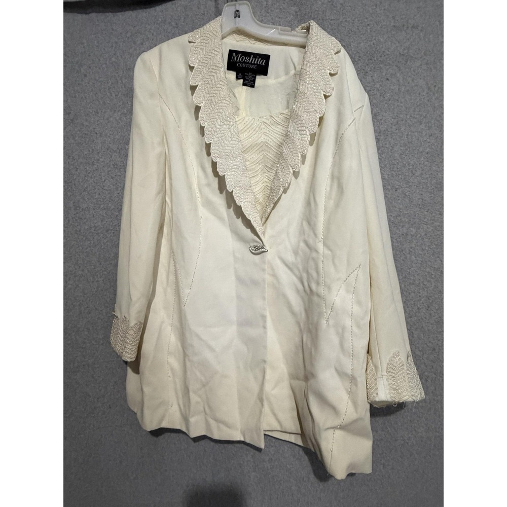 Moshita Couture Blazer Jacket Womens 18 White Beaded Sequin Collar Lined Formal